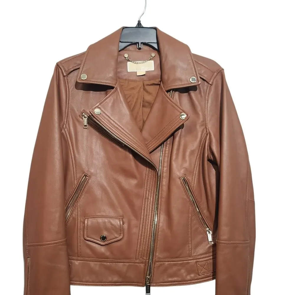 MICHAEL Michael Kors Cognac Leather Moto Jacket Asymmetric Zip Biker Coat L XL